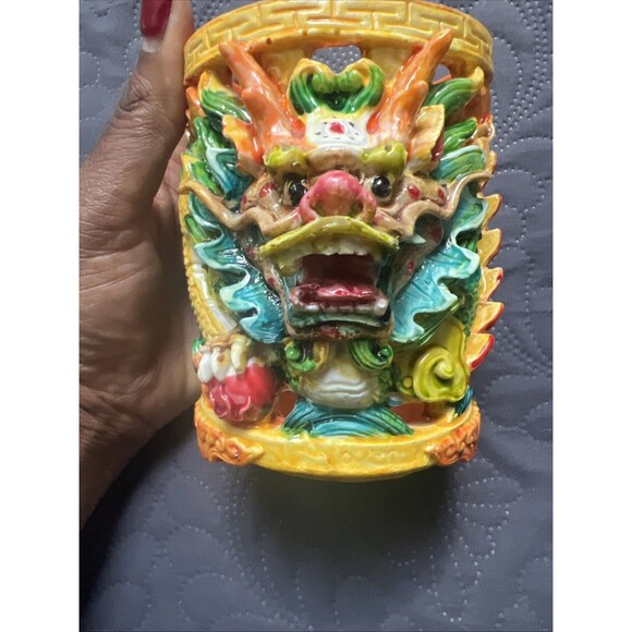 Foo Dog Vastu Dragon Pen Holder Colorful Feng Shui Power Wealth Decorative 4” - Picture 9 of 13